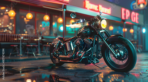 custom-built bobber motorcycle parked in front of a retro diner