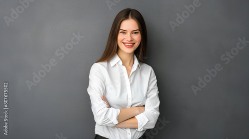 Heureuse jeune femme, d'affaires professionnelle souriante et confiante portant une chemise beige, une femme cadre assez élégante regardant la caméra, debout, les bras croisés isolés sur fond gris