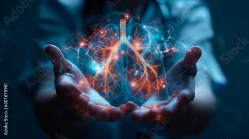 Doctor Projecting Holographic Lungs in a Futuristic Medical Concept