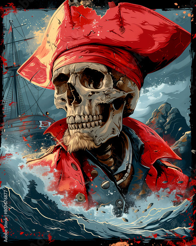 A skull wearing a red pirate hat is on a boat