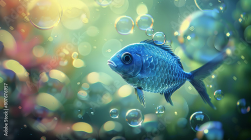A curious blue fish surrounded by whimsical bubbles in a dreamlike waterscape.
