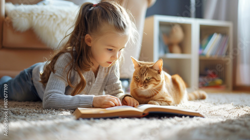 little girl and a cat are lying on the carpet in a children's room. The child leafs through the book, and the cat watches with interest.
