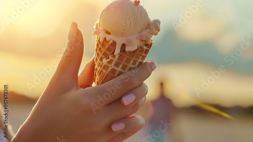 Womans hands holding melting ice cream waffle cone in hands on summer light nature background : Generative AI
