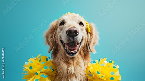 Cheerful Golden Retriever Puppy Dressed in Polka Dot Cheerleader Outfit on Vivid Blue Studio Background
