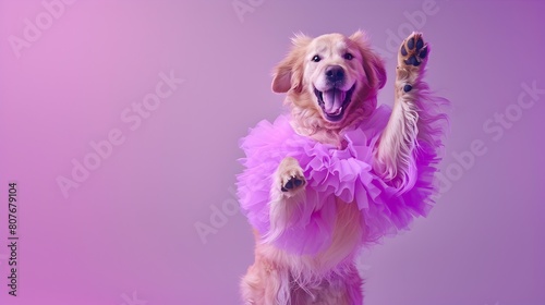 Cheerful Golden Retriever Dressed in Vibrant Cheerleader Outfit Against Pastel Lavender Background
