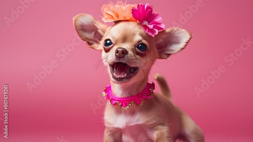 Cheerful Chihuahua Dressed in Festive Cheerleader Outfit on Vivid Pink Background