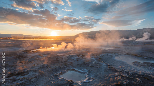 Sunset over a steaming geothermal landscape
