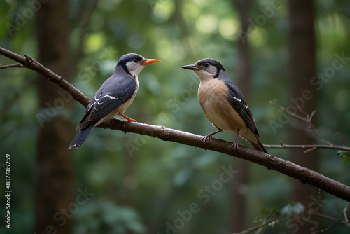 Two migratory birds engaged in a lively conversation, their chirps and trills echoing through the forest canopy. 