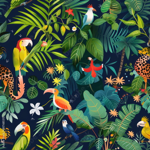 Jungle with tropical, fantasy animals at Amazon forest, palm trees, parrots, wallpaper pattern for seamless