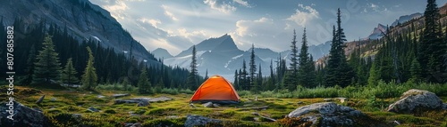 A lone orange tent sits in a clearing in the mountains