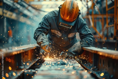 A welder wearing protective gear is welding a metal beam. The welder is using a welding torch to melt the metal and create a strong bond between the two pieces of metal.