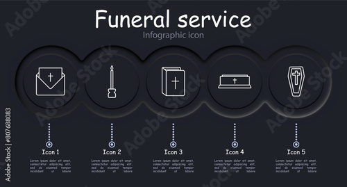 Seth Icon Funeral Home. Bible, cross, religion, Christianity, coffin, funeral, memorial, candle, sermon, infographic, graves, funeral service, letter, envelope. Burial concept.