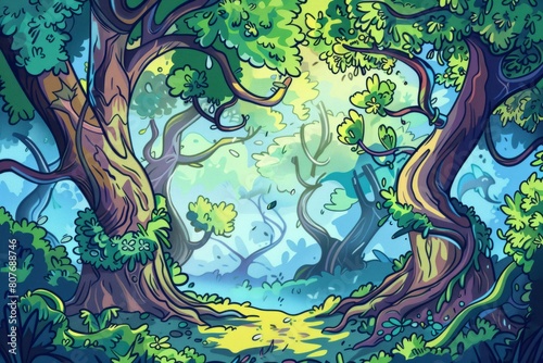Cartoon cute doodles of ancient trees swaying in the gentle breeze of a lush forest, with wise earth spirits tending to the roots and foliage, Generative AI