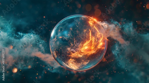  A dramatic scene of a fiery bubble poised to erupt on the surface of the globe, symbolizing the urgent need for action to address the escalating threats of climate change and environment.