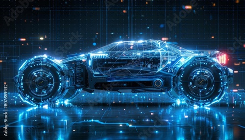 Digital blueprint of a hitech, unique, futuristic monster truck vehicle, lines and shapes glowing in blue and white against a dark grid background
