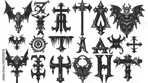 Illustration of a medieval Gothic font in black and white capital letters and lowercase letters, numbers, symbols and signs.