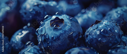 Close-up view of succulent blueberries, adorned with droplets of water.