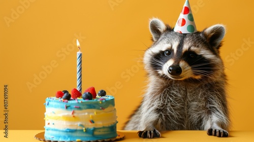 Adorable raccoon celebrates birthday with cake, animal party on yellow background, holiday concept, banner, copy space