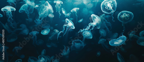 Ethereal dance of glowing jellyfish in a deep blue underwater ballet.
