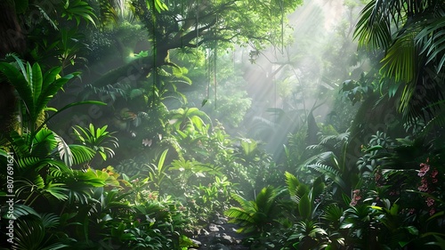 A lush rainforest teeming with diverse flora and fauna, a sanctuary of biodiversity. 