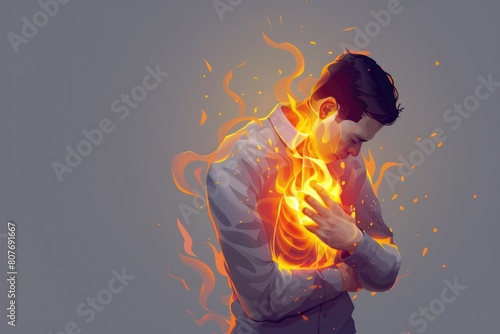 A man in a white shirt holding a burning heart. Suitable for love and passion concepts