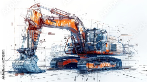 Detailed engineering illustration of an excavator with blueprint overlay enhances understanding of mechanical design and functionality