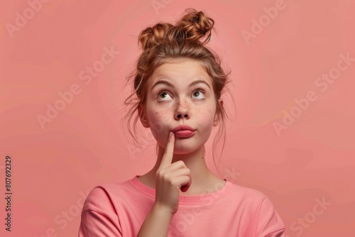 A girl in a pink shirt making a funny face. Suitable for humorous concepts