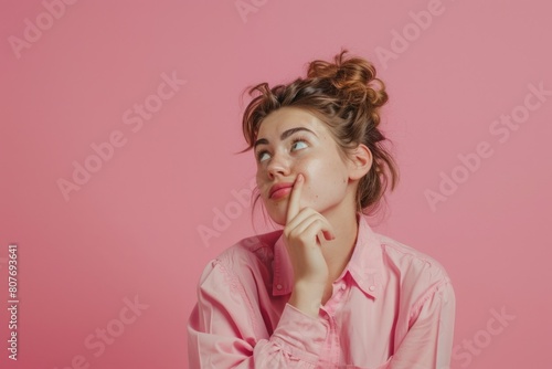 A woman in a pink shirt making a funny expression. Perfect for social media posts