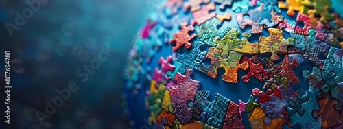 A globe made up of colorful puzzle pieces, each piece representing a different nation working together to form a whole.