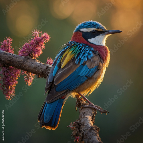 A migratory bird perched on a slender branch, its colorful plumage glowing in the soft light of dawn. 