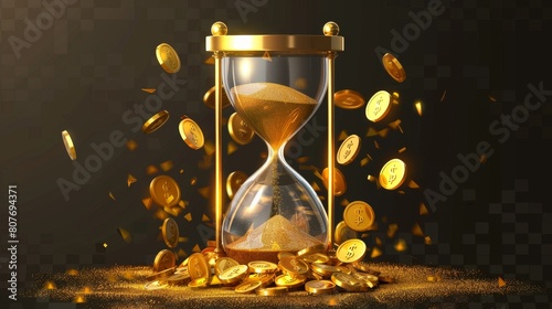 It is time that money is made, gold coins fall into sand in an hourglass on a transparent background. A realistic 3D modern illustration depicts success in finance, patience, and becoming a more