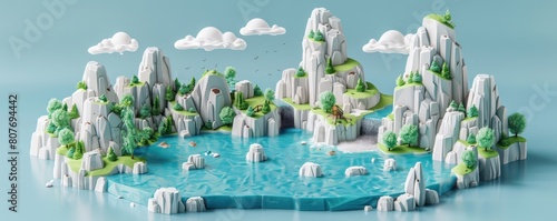 a 3D rendering of a rocky island with green vegetation and a body of water.