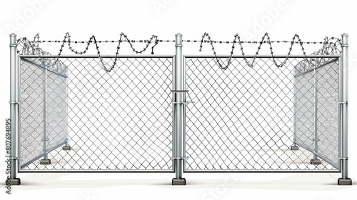 Three-dimensional illustration of realistic grid fence with barbed wire. Two segments mesh rabitz with rhombus cells. Two metal perimeter protection barrier constructions separated by steel poles.