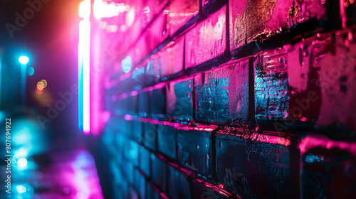 A dark and wet brick wall is illuminated by a pink neon light. The light reflects off the water on the ground, creating a colorful and vibrant scene.
