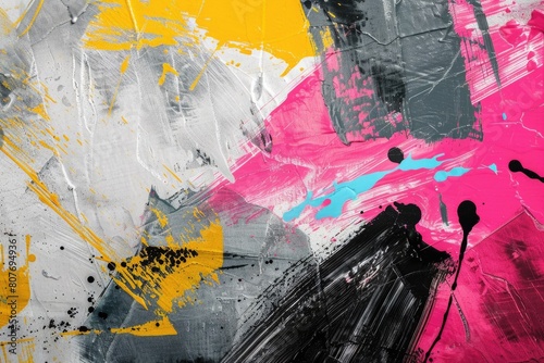 Colorful abstract painting with black, yellow, and pink tones. Suitable for backgrounds and art concepts