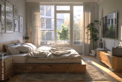 Interior of a bedroom with furniture and electronics. Suitable for home decor websites