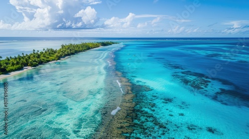 Rangiroa aerial drone photo of atoll island and coral reef. Amazing nature landscape with blue lagoon and Pacific Ocean. 