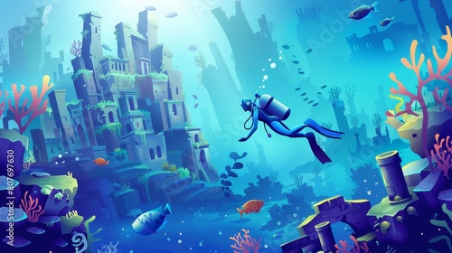 Modern cartoon illustration of underwater landscape with ruins, stones, fishes and woman in diving suit with aqualung and sunken ancient city under water in sea or ocean.