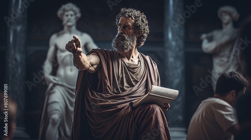 Roman philosopher delves into profound ideas with students engaging in philosophical discussion