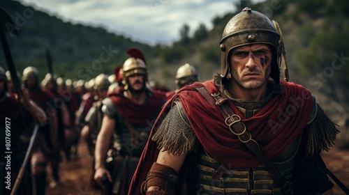 Roman legion advances on military campaign through diverse landscapes on conquest