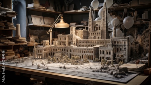 Roman architect's studio displaying architectural drawings and models