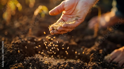 Close-up shot of a hand sowing seeds into fertile soil backlit by golden sunlight.