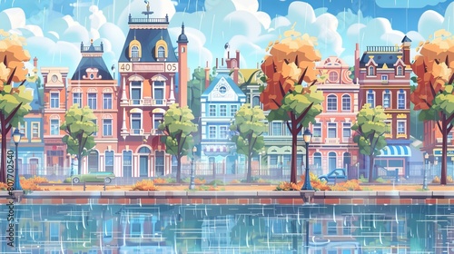 A 2D retro cityscape at rainy weather, retro cityscape autumn street with European colonial victorian buildings and a lake promenade. Modern drawing.