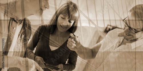 Happy coworkers having a business discussion, double exposure, geometric pattern