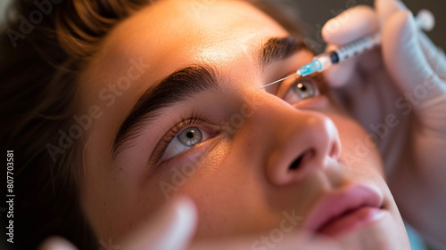 A compelling snapshot capturing the close-up details of a young man's face during a Botox injection for facelifting