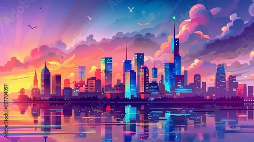 An illustration of sunset city skyline architecture near waterfront. Modern megapolis with skyscrapers reflected in water surface and birds flying in a cloudy purple and pink sky with birds. Cartoon