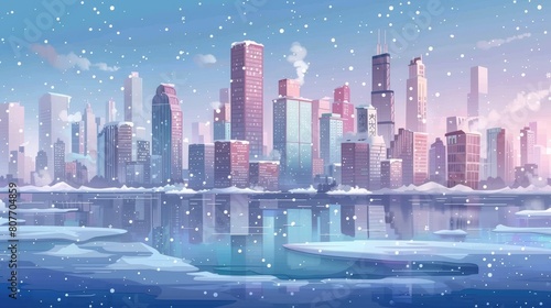 Modern illustration of a city skyline at a frozen waterfront bay with a parallax background. Urban 2D cityscape architecture under snowfall, separated layers with skyscrapers, cartoon illustration.