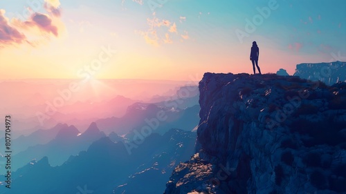  The silhouette of a person standing on a rocky cliff, gazing out at a vast expanse of untouched wilderness. 