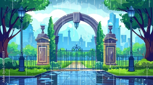 A parallax background with stone arch gates, at the entrance to a city park during a rainy weather condition. A 2D urban skyline with rain, pathways, fences, wet green trees on a cityscape. Layers