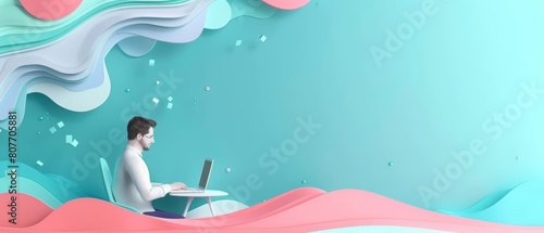 Illustration Paper art style of remote work in cyber color, nice template sharpen with copy space for text